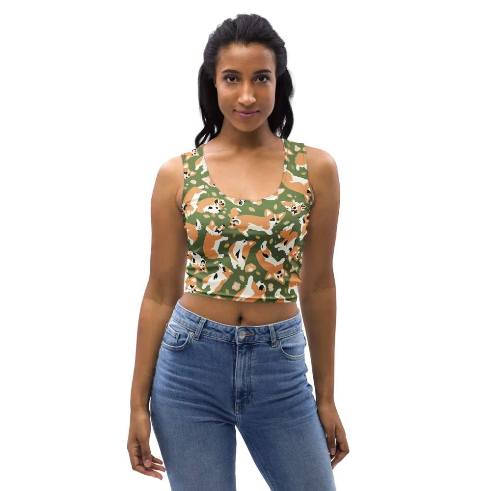 Mossy Corgi Meadow on Crop Top — Front