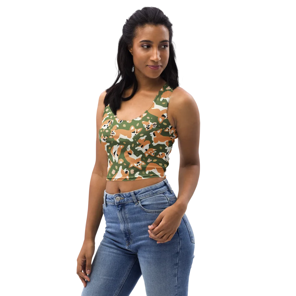 Mossy Corgi Meadow on Crop Top — Left Front