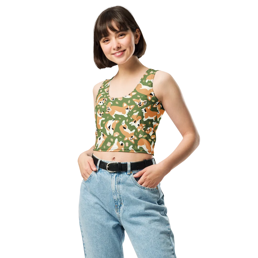 Mossy Corgi Meadow on Crop Top — Front