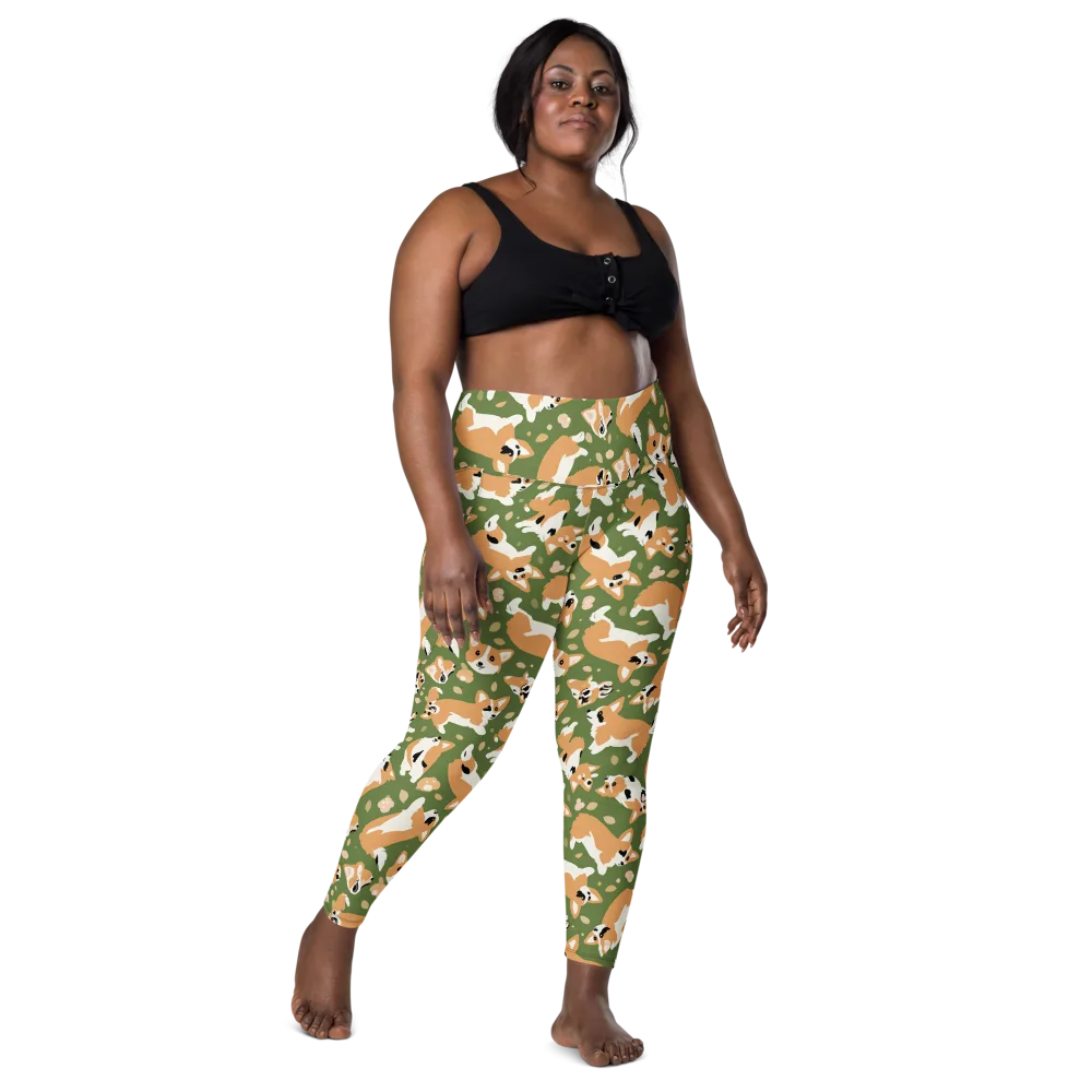 Mossy Corgi Meadow on Leggings with Pockets — Front