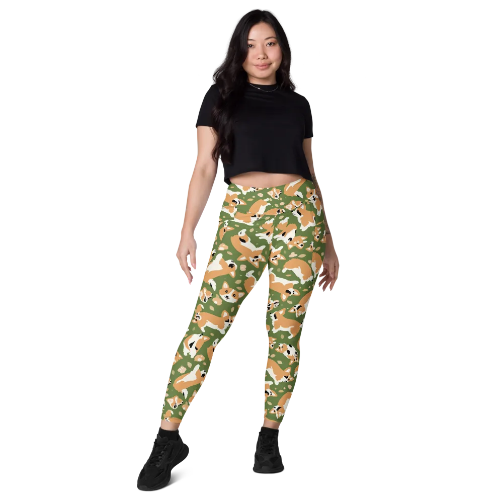 Mossy Corgi Meadow on Leggings with Pockets — Front