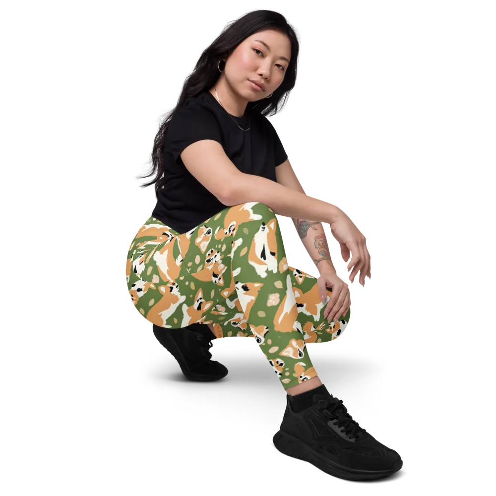 Mossy Corgi Meadow on Leggings with Pockets — Right Front