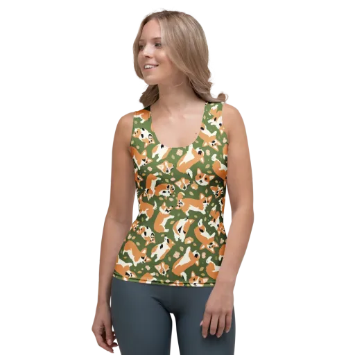 Mossy Corgi Meadow on a Women's Tank Top