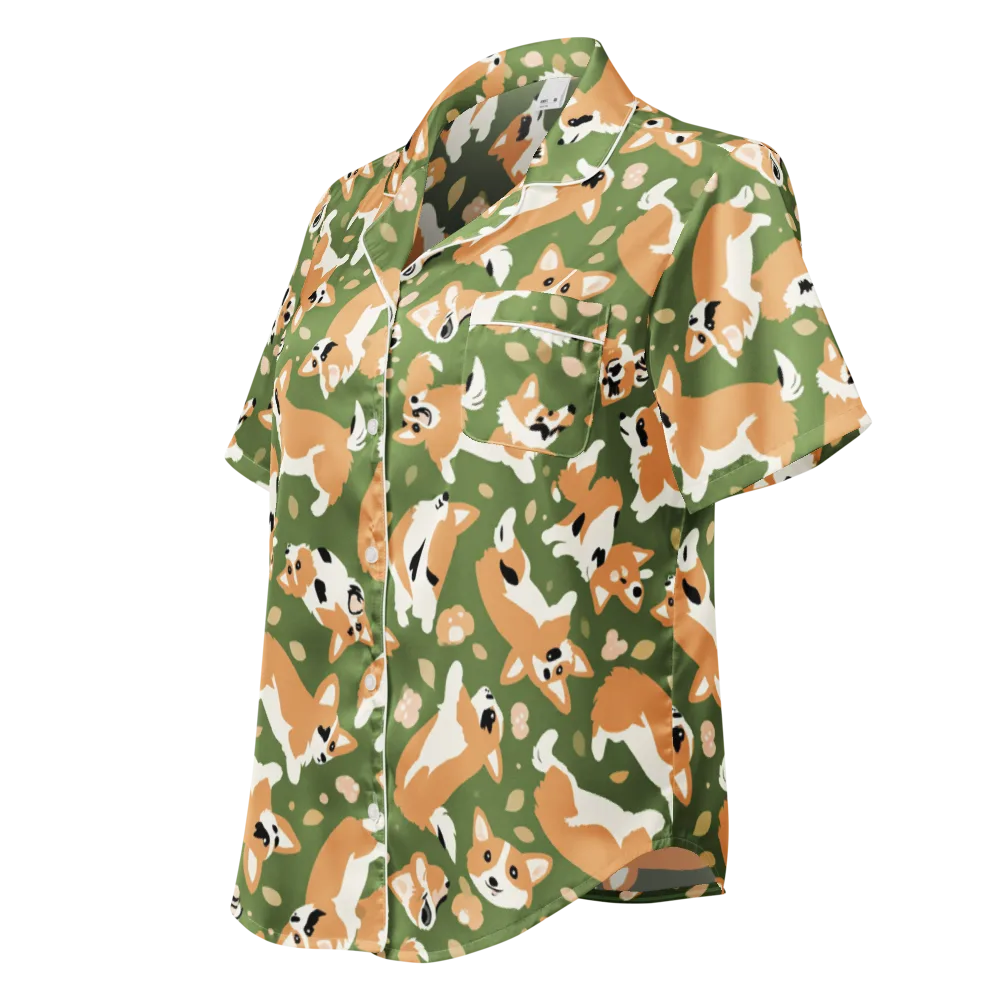 Mossy Corgi Meadow on Women's Short Sleeve Pajama Top — Left Front