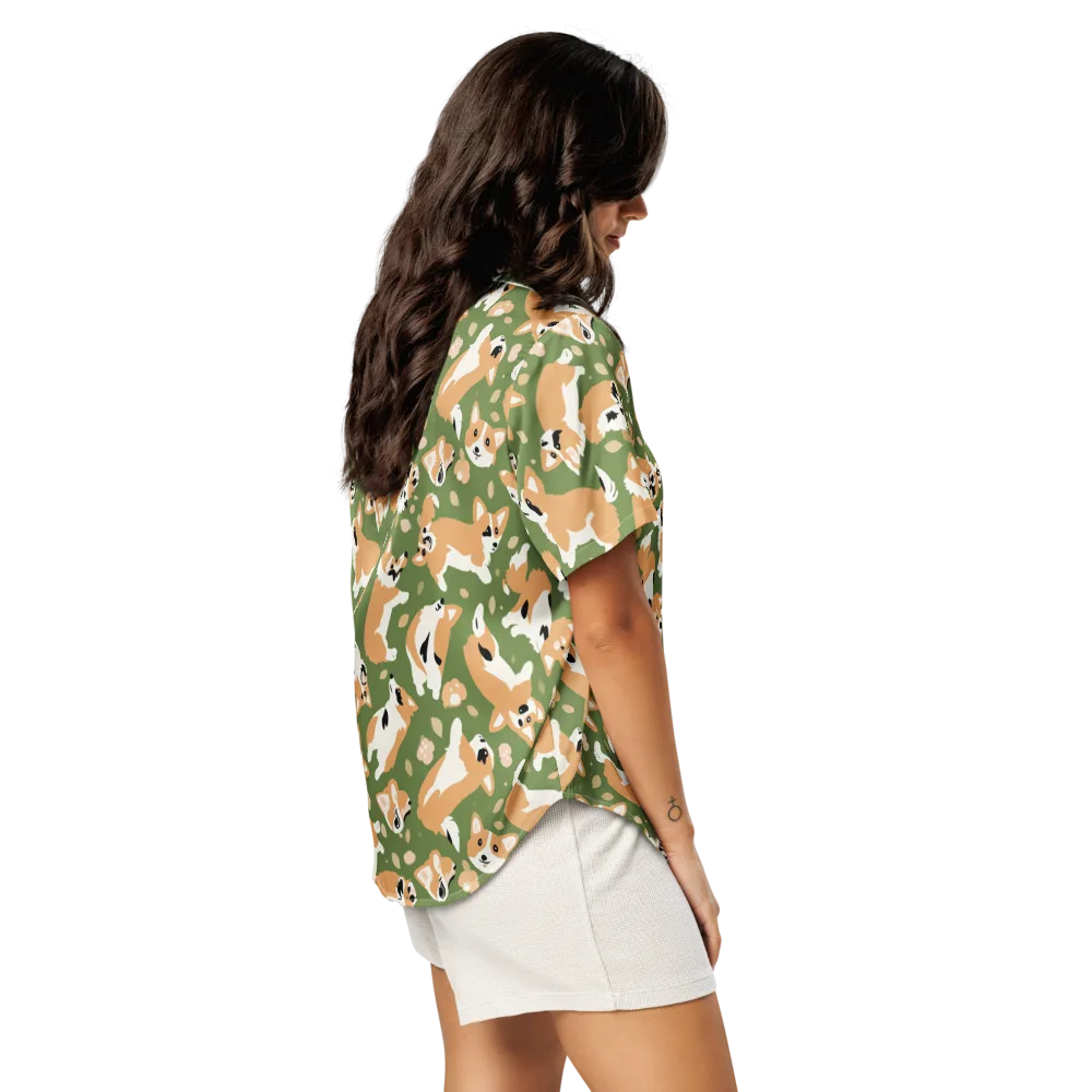 Mossy Corgi Meadow on Women's Short Sleeve Pajama Top — Right Back