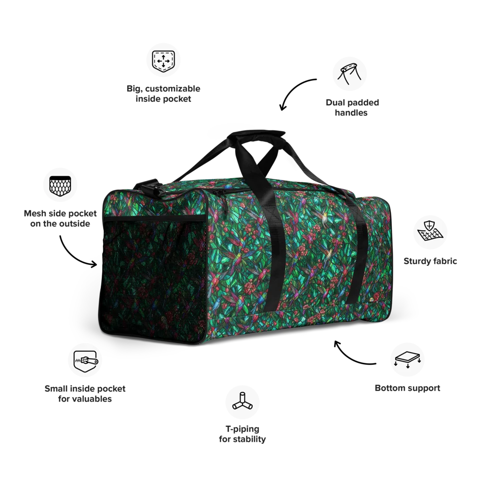 Jewelwing Aviary on Duffle Bag — Right Front