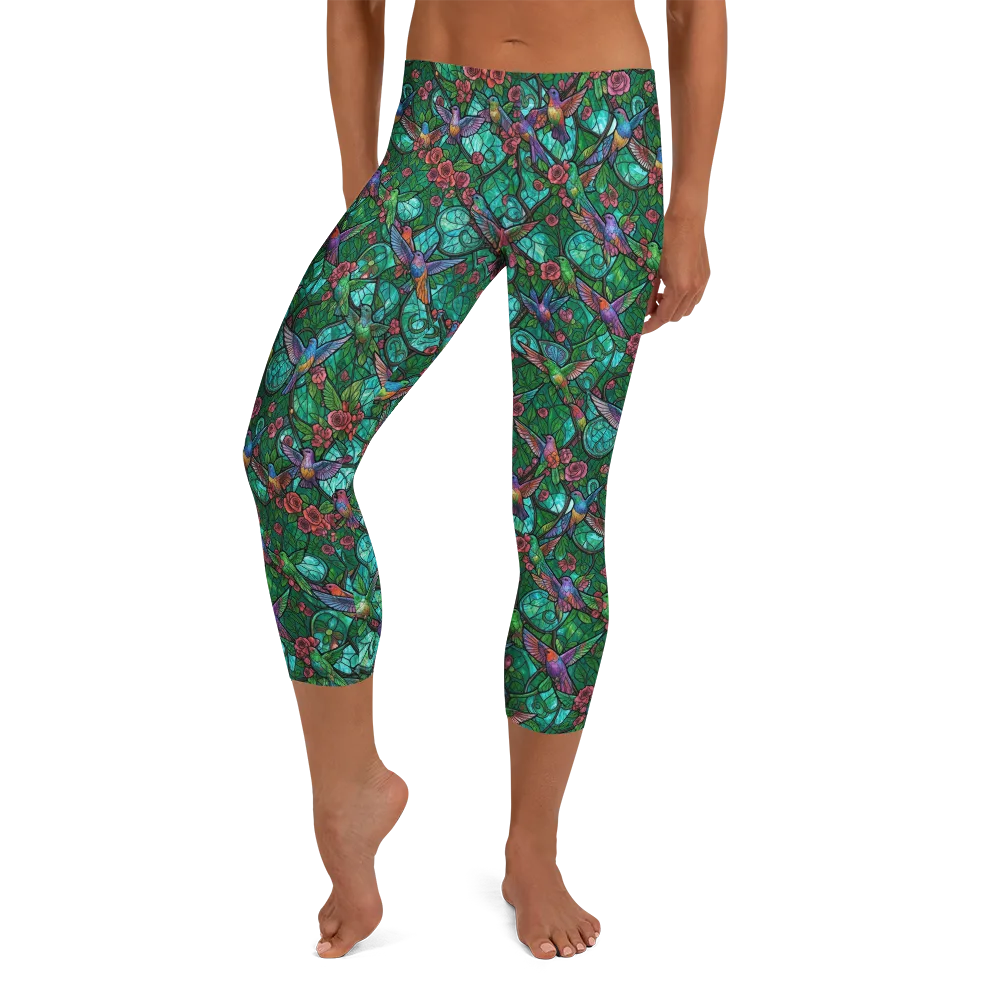 Jewelwing Garden on Capri Leggings — Front