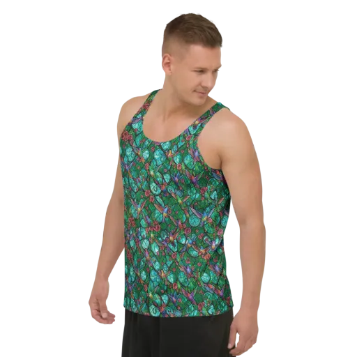 Jewelwing Garden on a Men's Tank Top