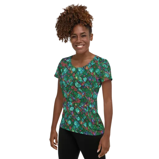 Jewelwing Garden on a Women's Athletic T-Shirt