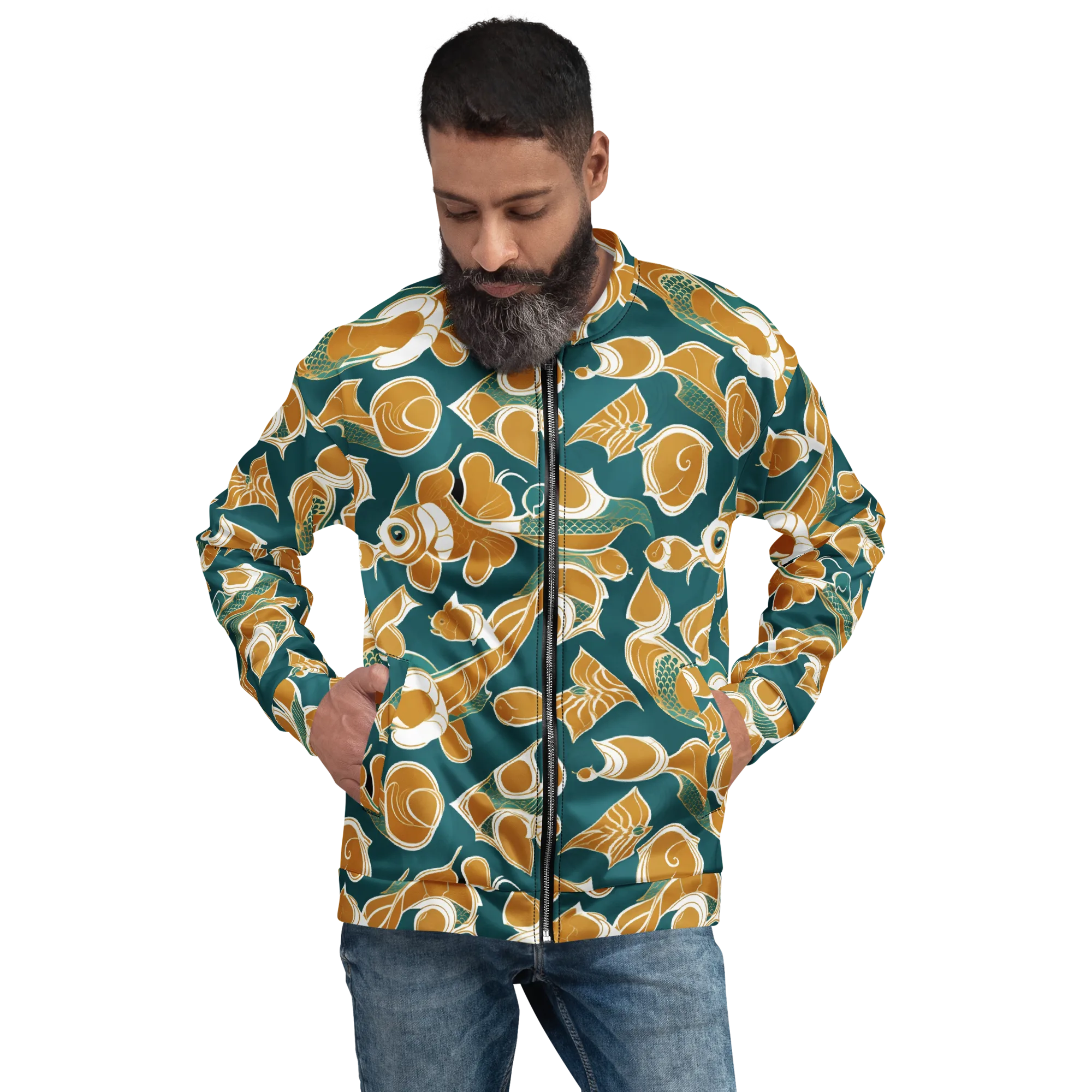 Gilded Koi Current on Bomber Jacket — Front