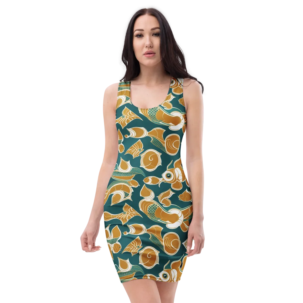 Gilded Koi Current on Bodycon Dress — Front