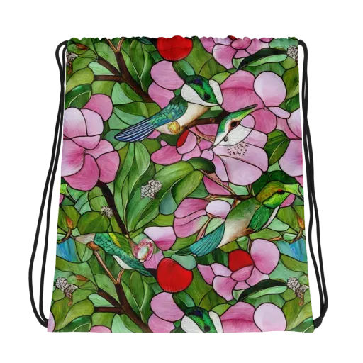 Roseglass Aviary on a Drawstring Bag