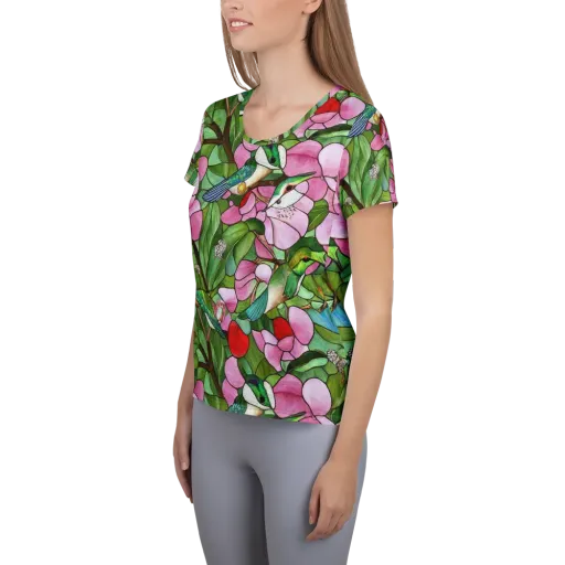 Roseglass Aviary on a Women's Athletic T-Shirt