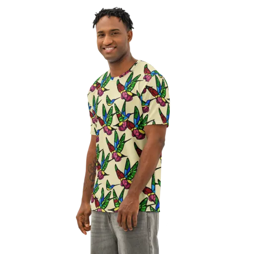 Hummingbird Mosaic on a Men's Cotton Crew Neck T-Shirt
