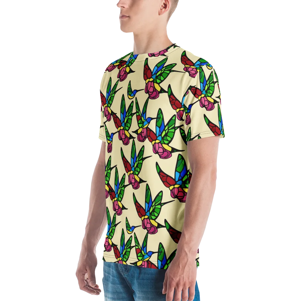 Hummingbird Mosaic on Men's Crew Neck T-Shirt — Left