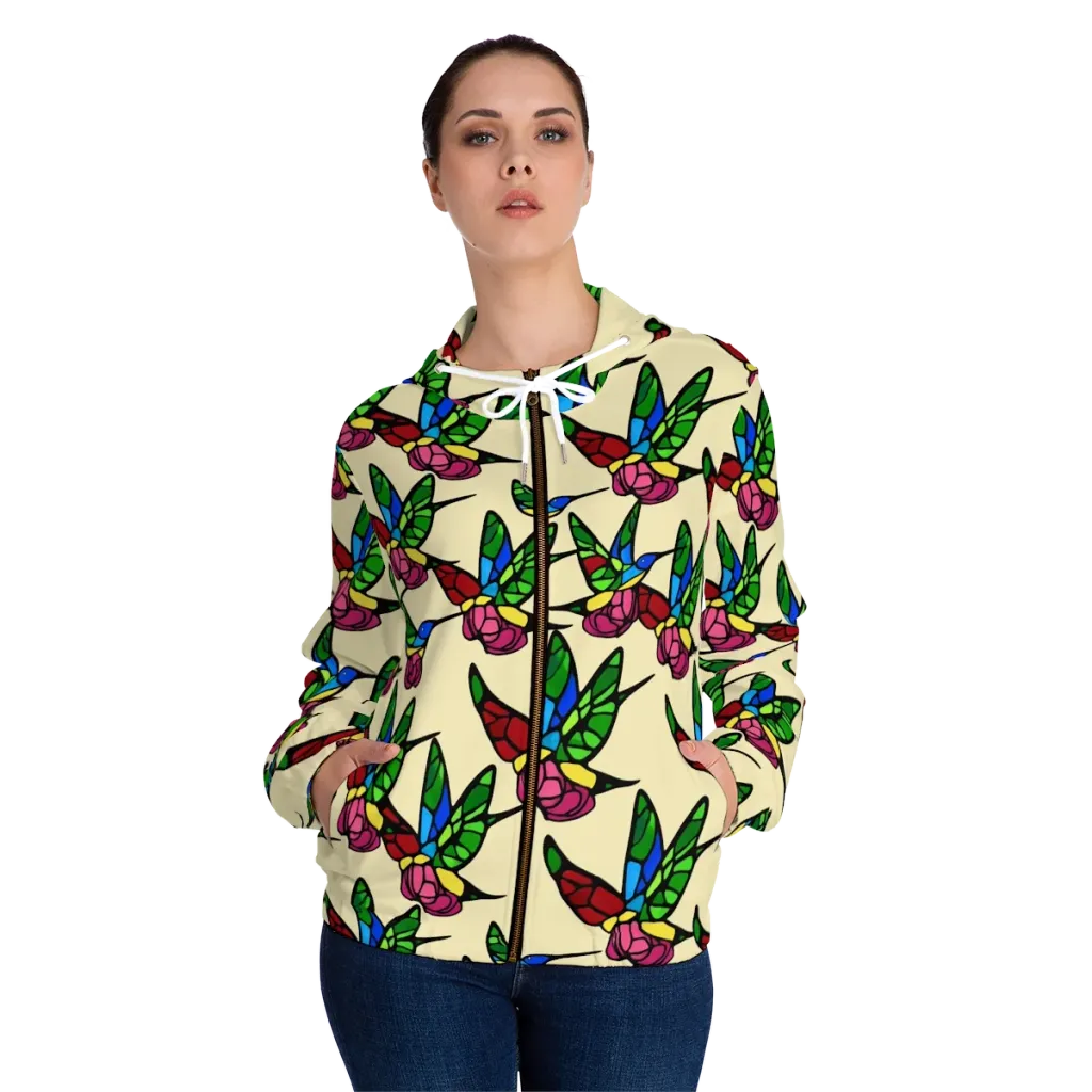 Hummingbird Mosaic on Women's Full-Zip Hoodie — Front On Person
