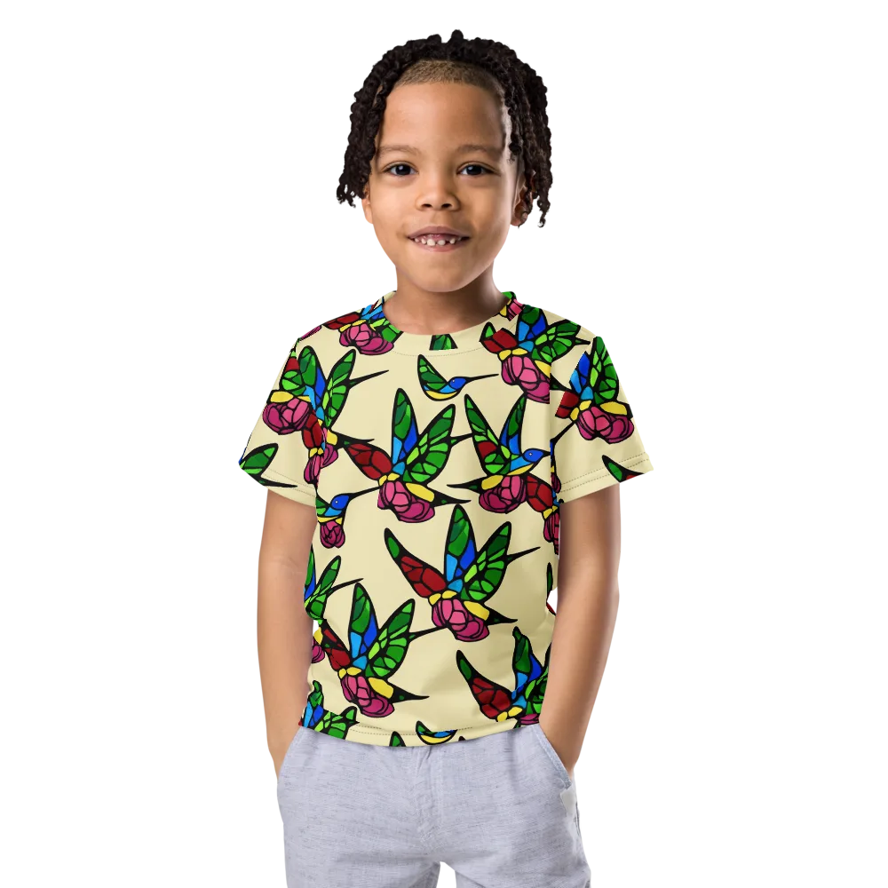 Hummingbird Mosaic on Kids Crew Neck T-Shirt — Front