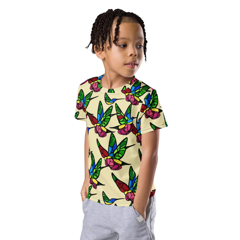 Hummingbird Mosaic on Kids Crew Neck T-Shirt — Left Front
