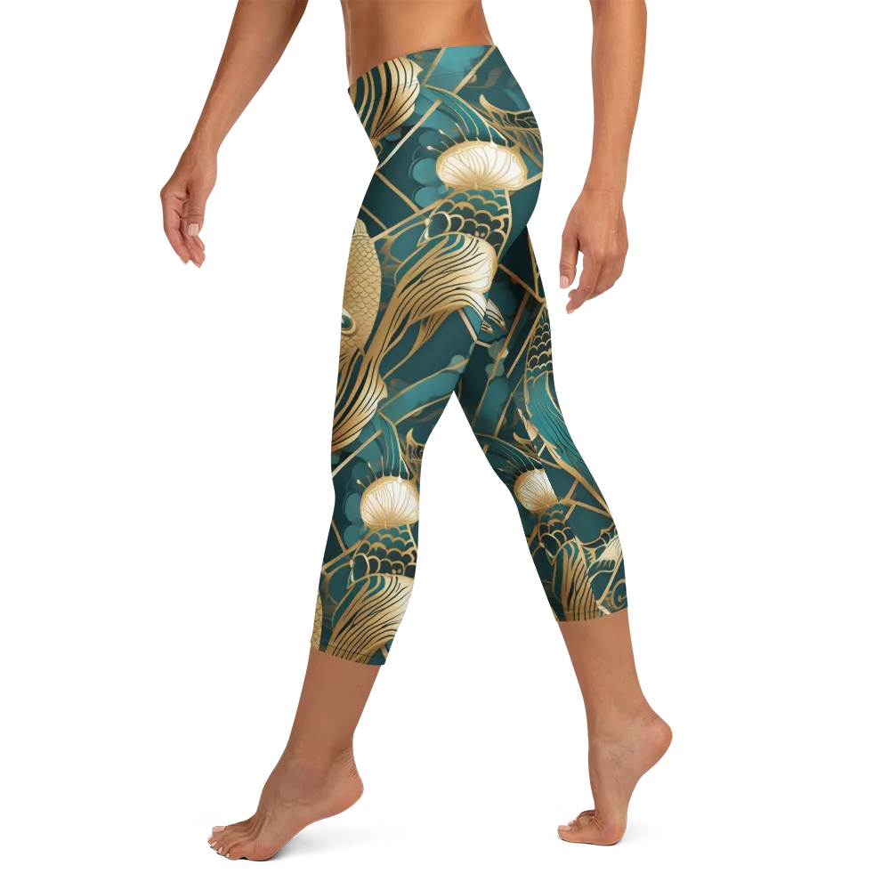 Teal Dynasty on Capri Leggings — Left