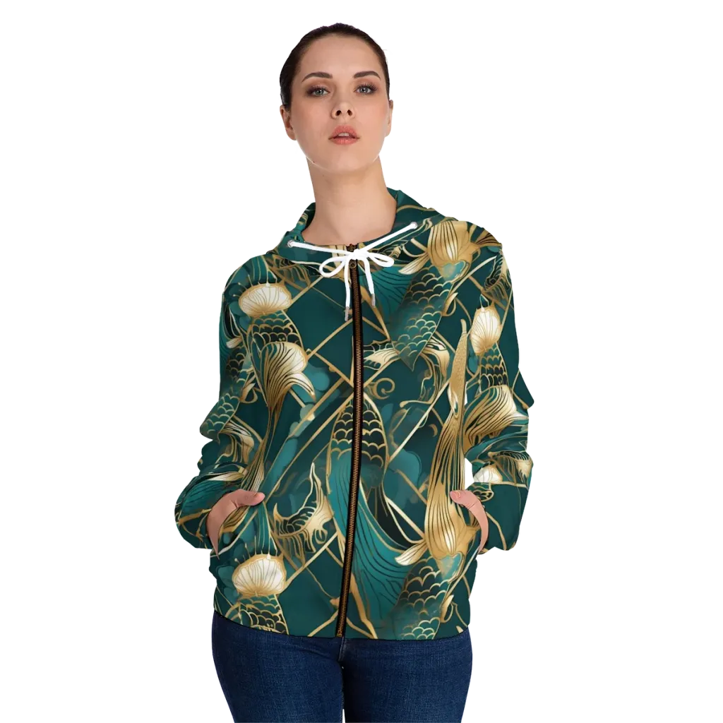 Teal Dynasty on Women's Full-Zip Hoodie — Front On Person