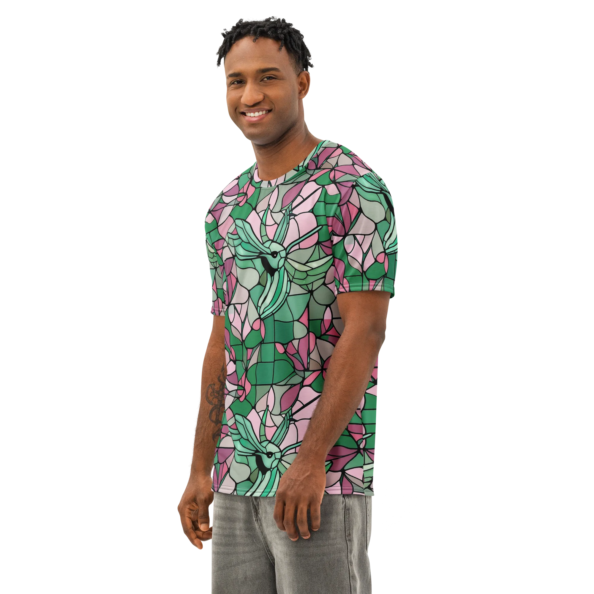 Jade Hummingbird on Men's Cotton Crew Neck T-Shirt — Left Front