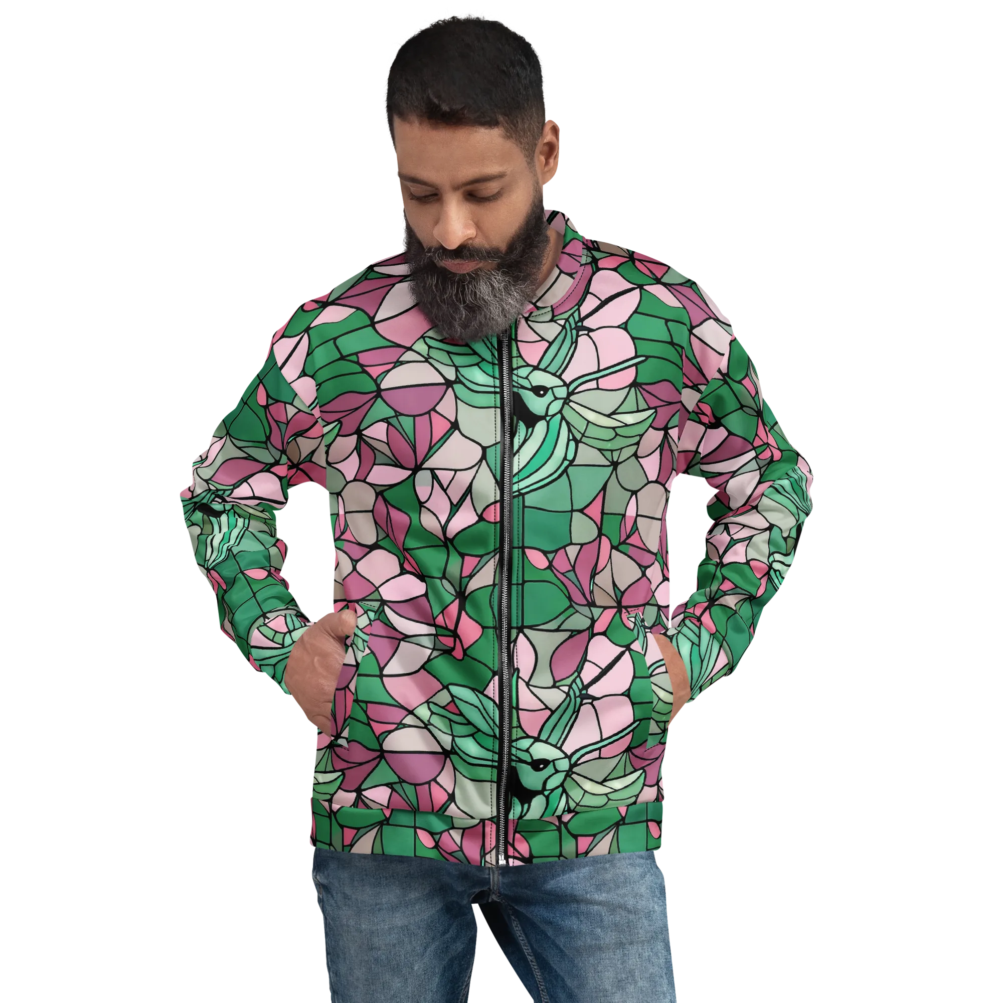 Jade Hummingbird on Bomber Jacket — Front