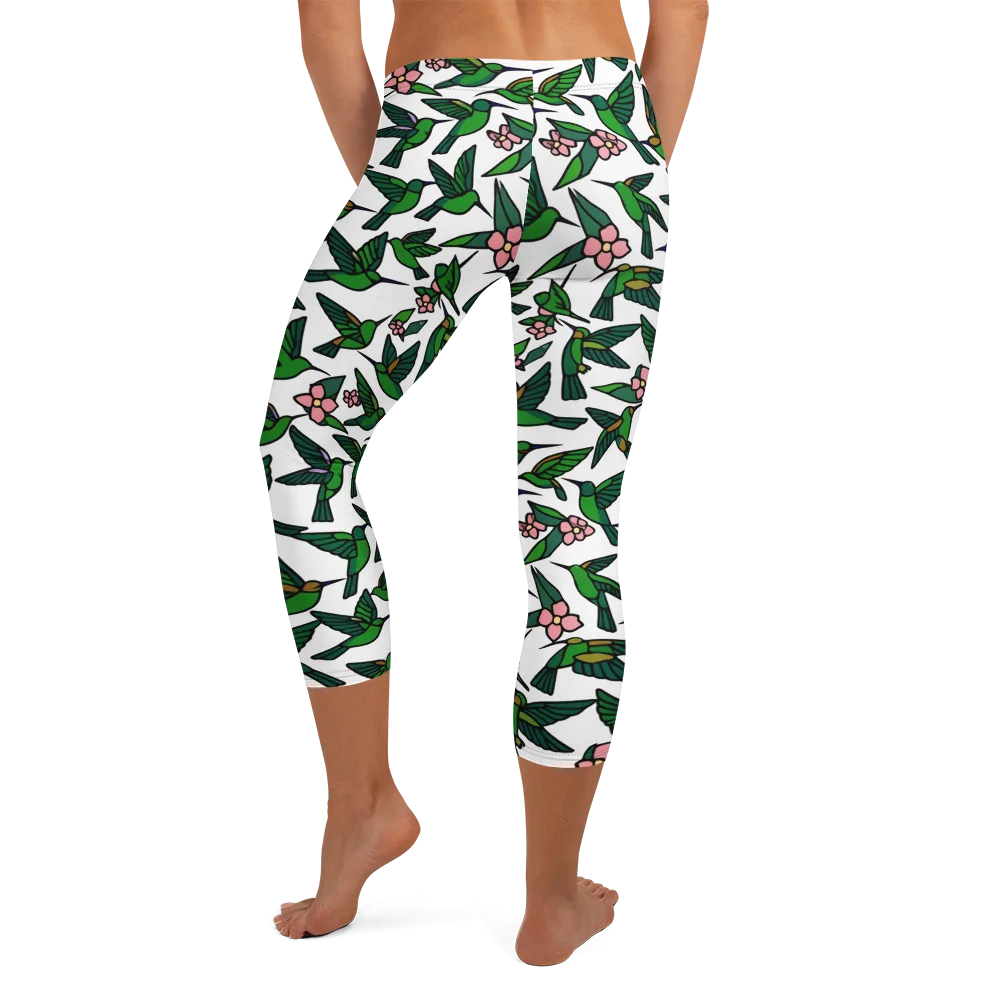 Emerald Hummingbird Garden on Capri Leggings — Back