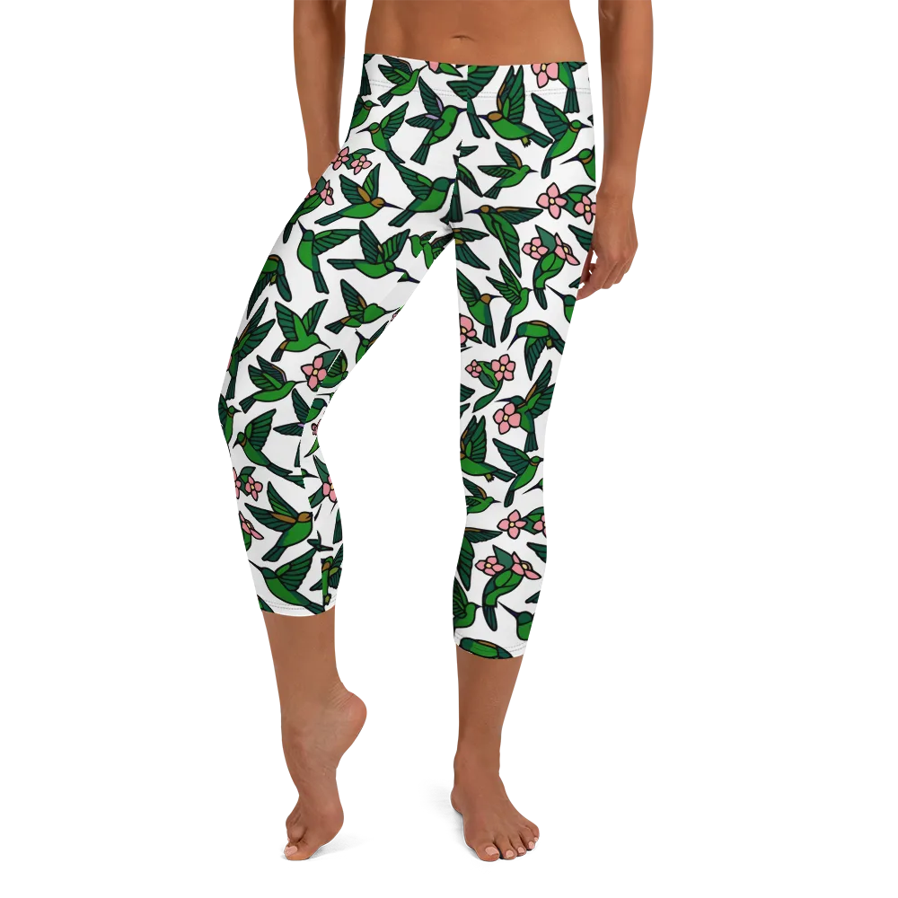Emerald Hummingbird Garden on Capri Leggings — Front