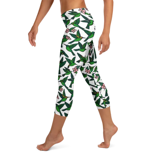 Emerald Hummingbird Garden on a Capri Leggings