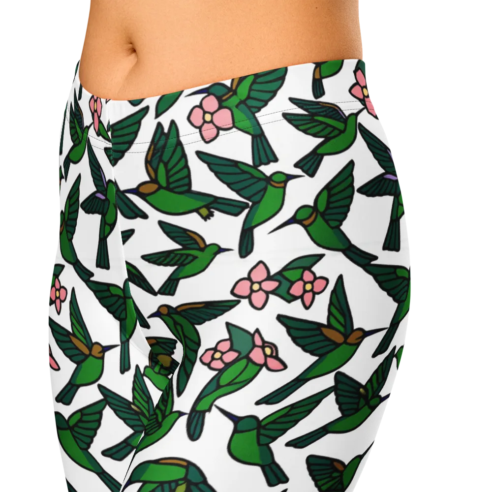 Emerald Hummingbird Garden on Capri Leggings — Zoomed-in