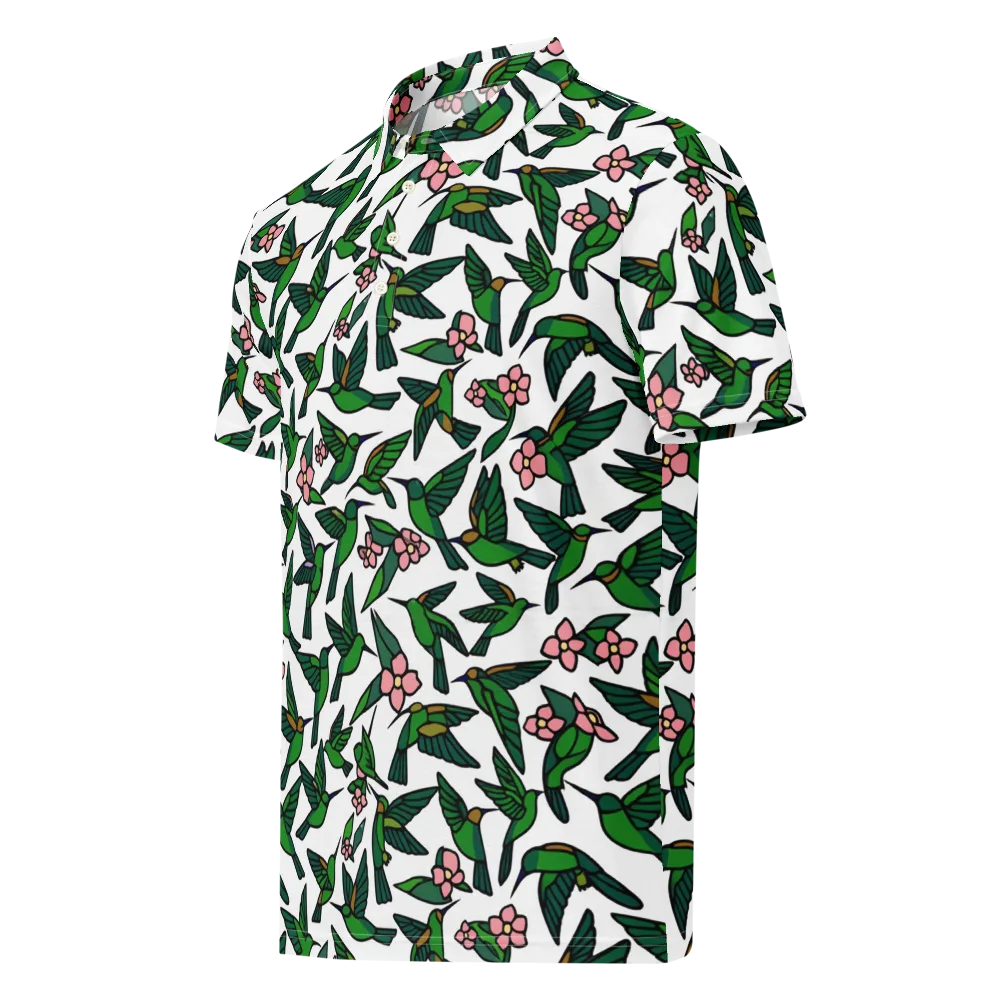 Emerald Hummingbird Garden on Men's Slim Fit Polo Shirt — Left Front