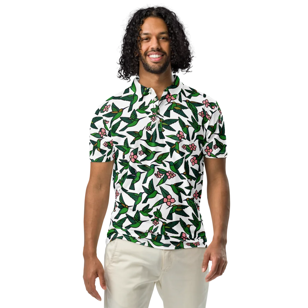 Emerald Hummingbird Garden on Men's Slim Fit Polo Shirt — Front