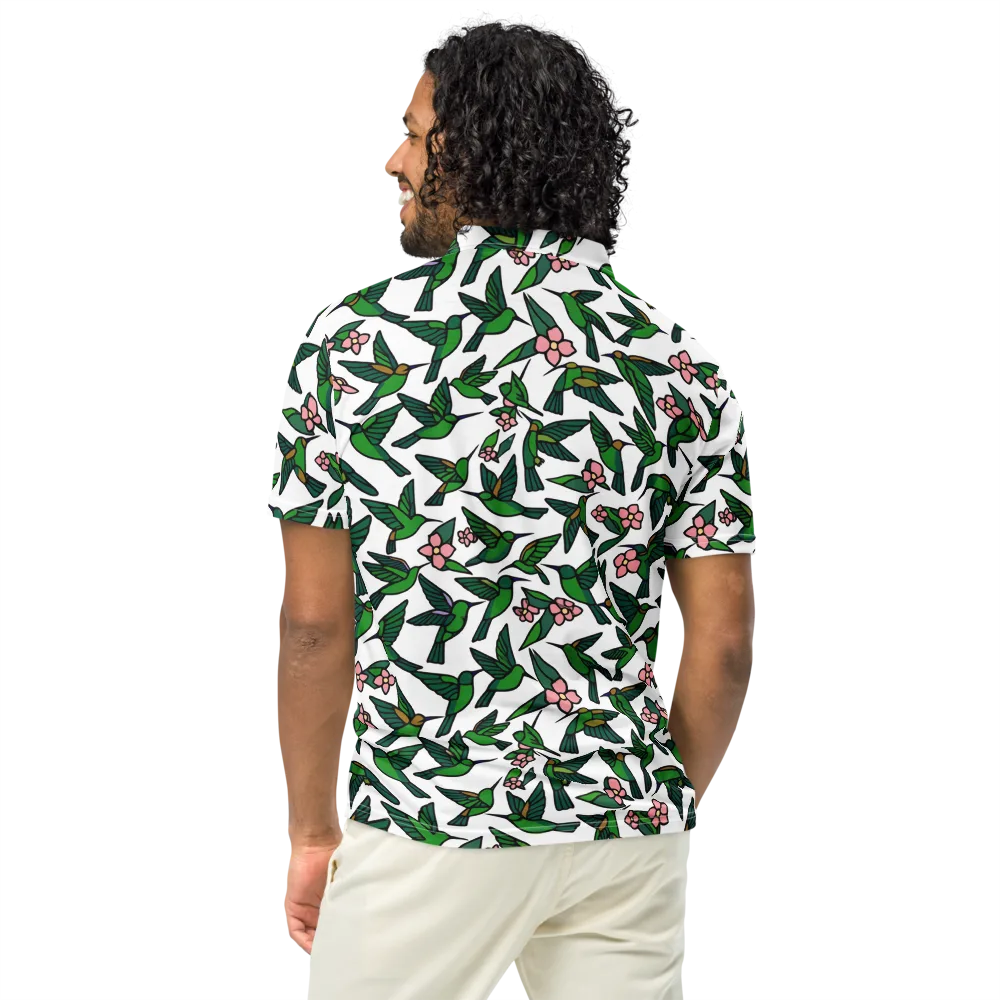 Emerald Hummingbird Garden on Men's Slim Fit Polo Shirt — Back
