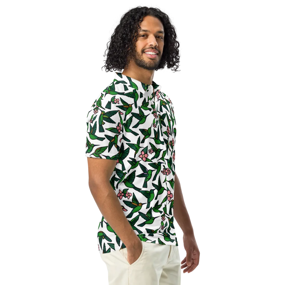 Emerald Hummingbird Garden on Men's Slim Fit Polo Shirt — Right Front