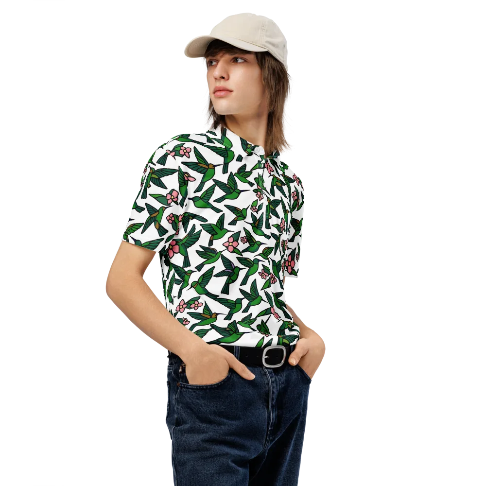 Emerald Hummingbird Garden on Men's Slim Fit Polo Shirt — Right Front