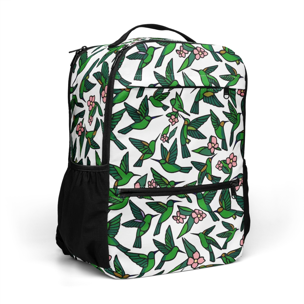 Emerald Hummingbird Garden on Utility Backpack — Right Front