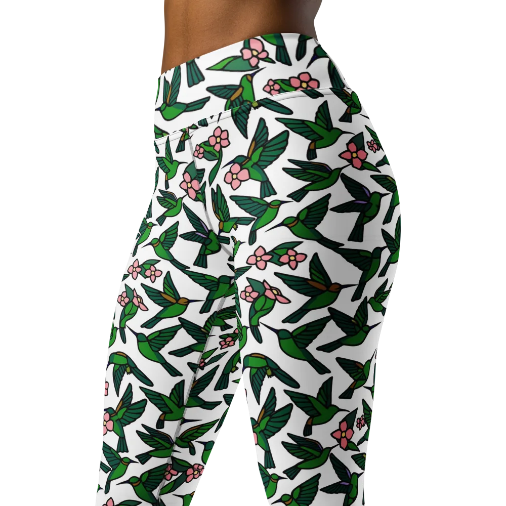 Emerald Hummingbird Garden on Yoga Leggings — Left Front