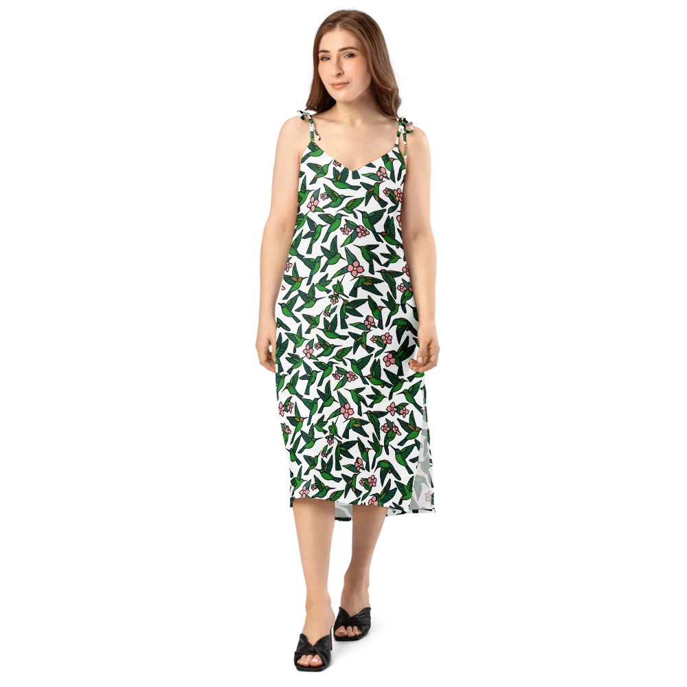 Emerald Hummingbird Garden on Slip Dress — Front