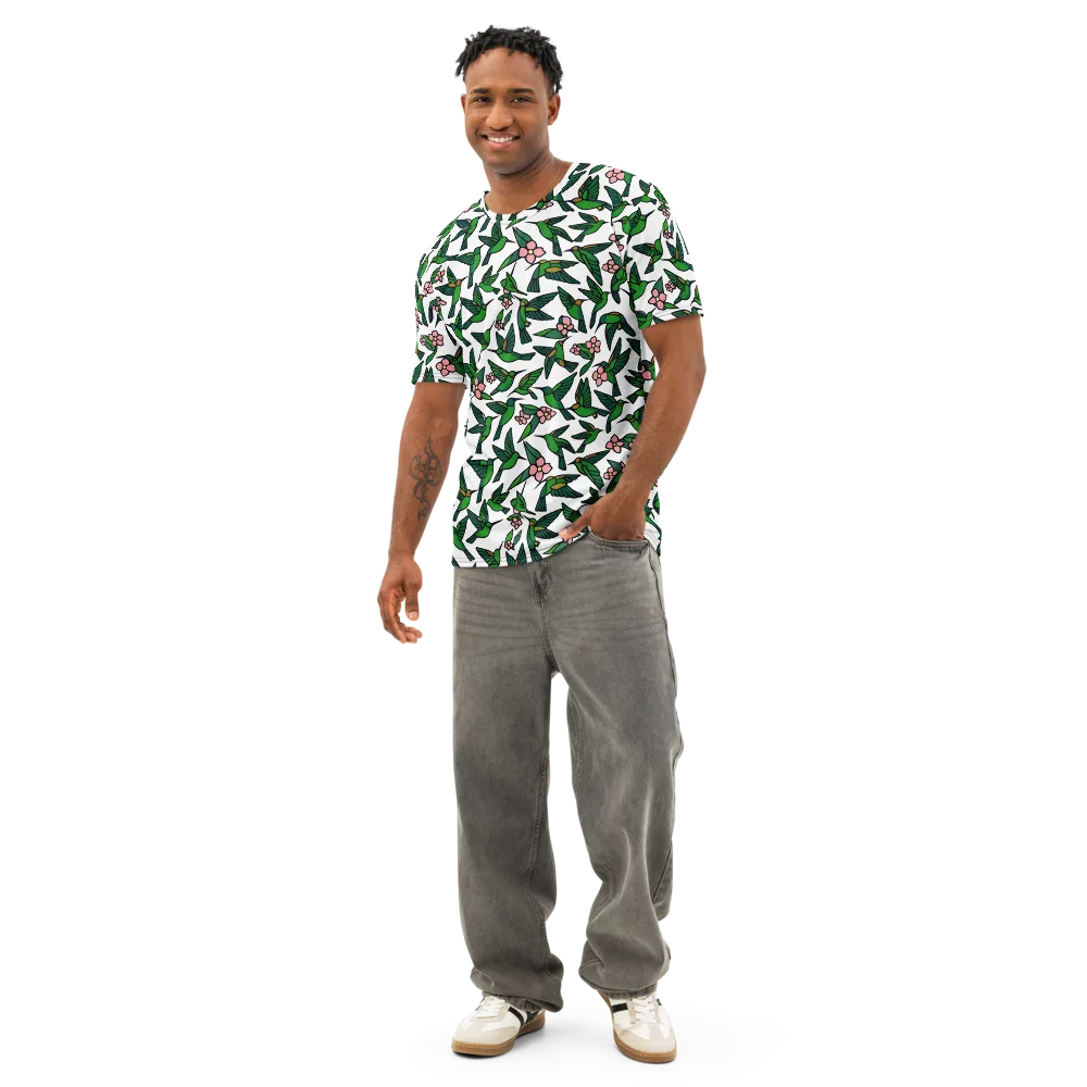 Emerald Hummingbird Garden on Men's Cotton Crew Neck T-Shirt — Front