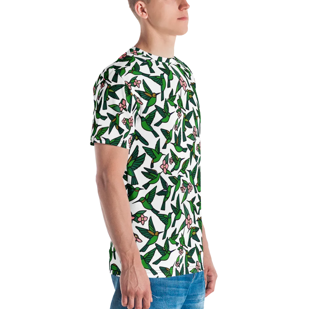 Emerald Hummingbird Garden on Men's Crew Neck T-Shirt — Right