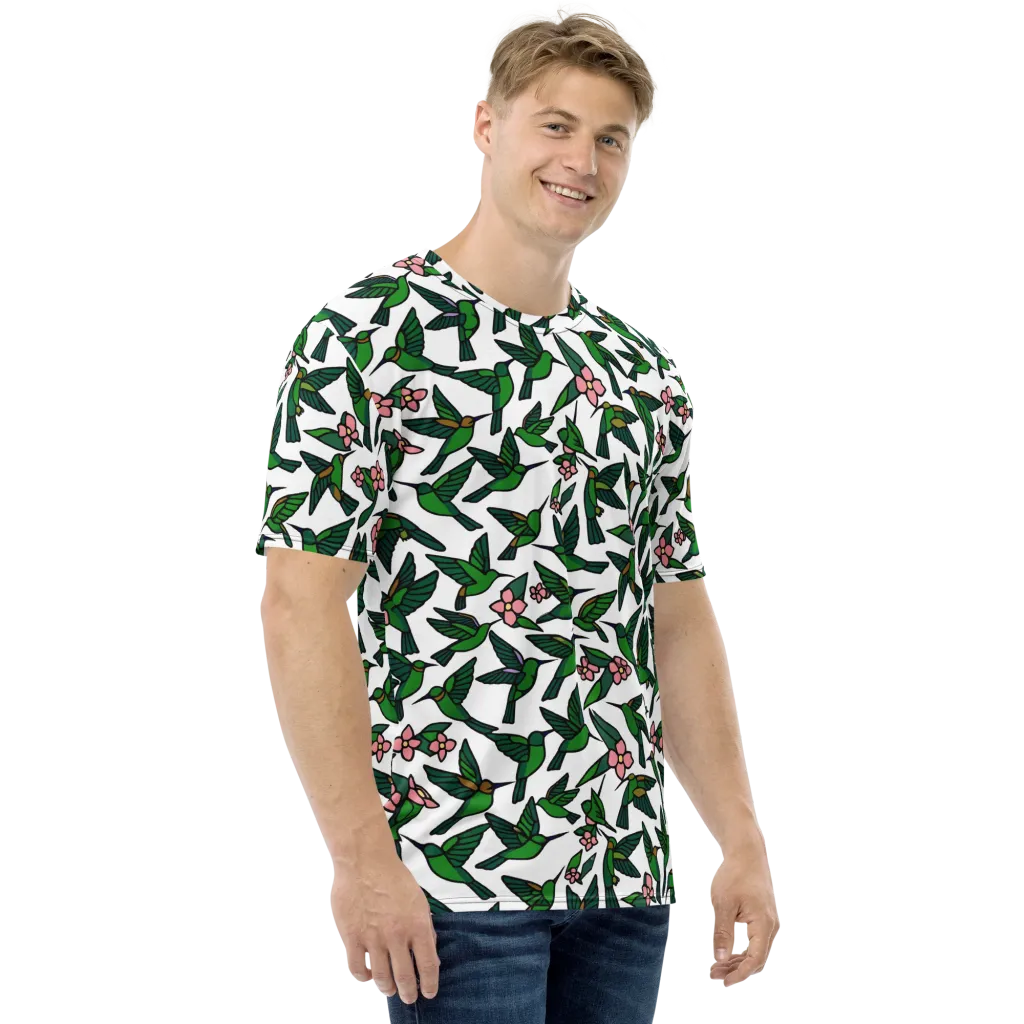Emerald Hummingbird Garden on Men's Crew Neck T-Shirt — Right