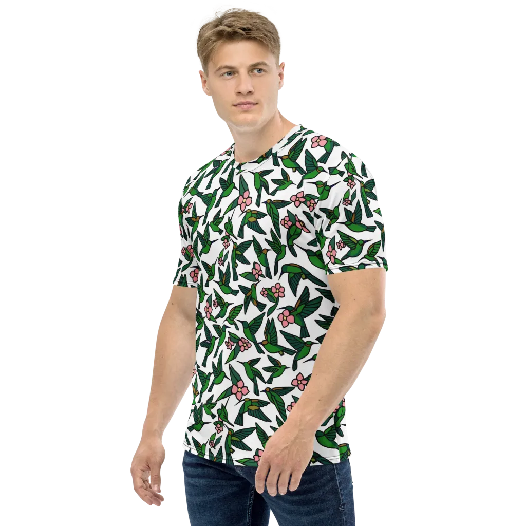 Emerald Hummingbird Garden on Men's Crew Neck T-Shirt — Left