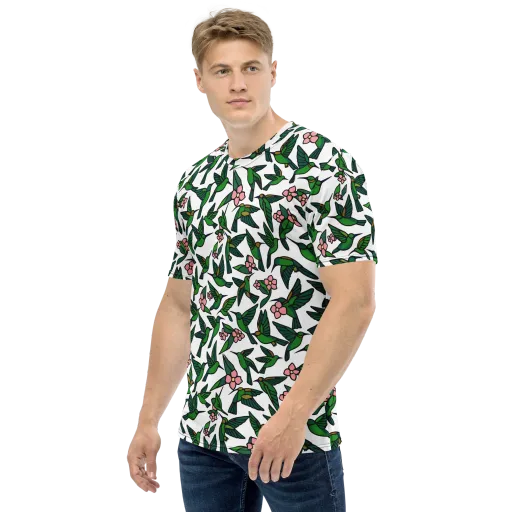 Emerald Hummingbird Garden on a Men's Crew Neck T-Shirt