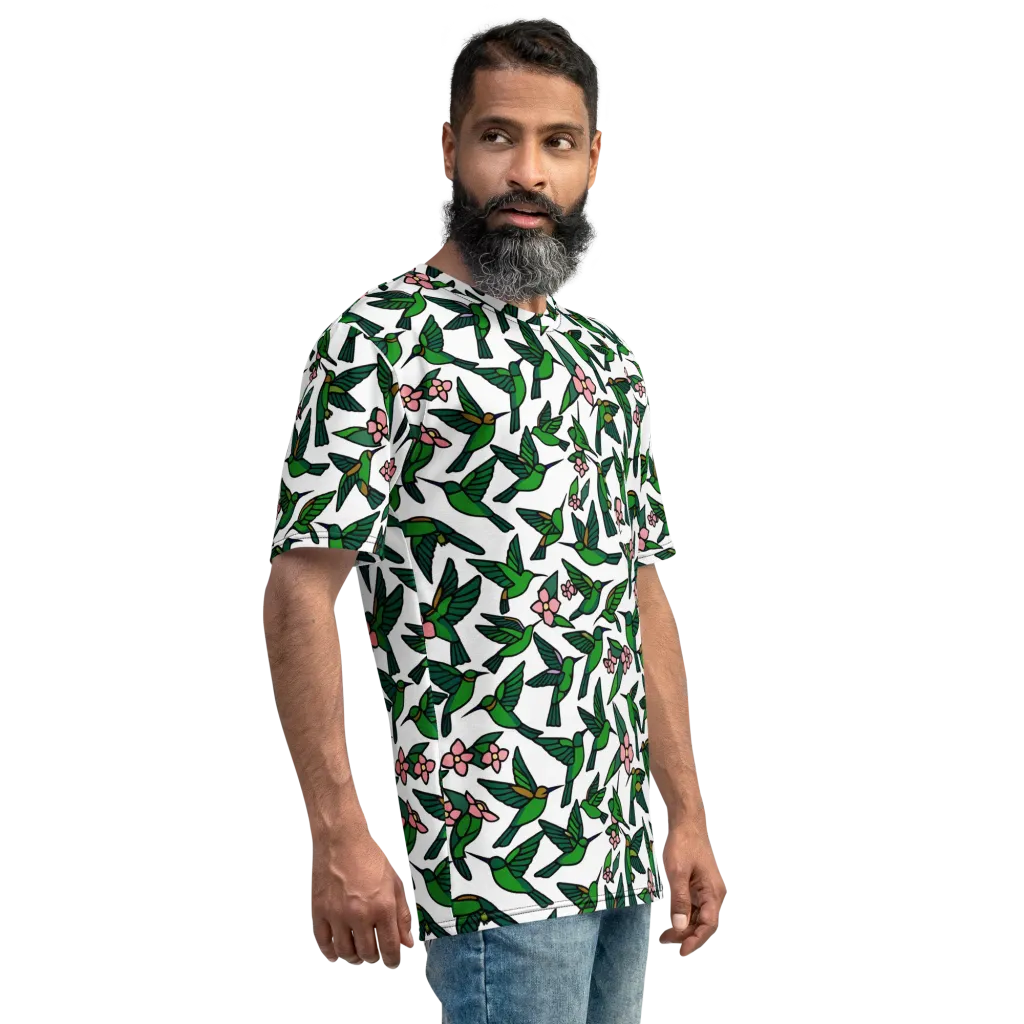 Emerald Hummingbird Garden on Men's Crew Neck T-Shirt — Right