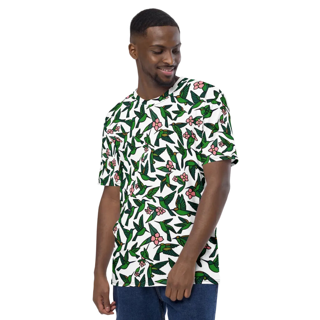 Emerald Hummingbird Garden on Men's Crew Neck T-Shirt — Left