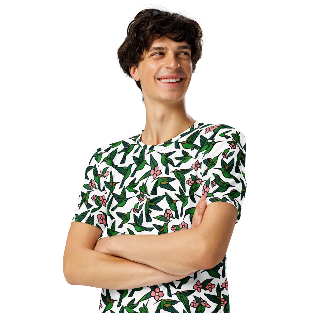 Emerald Hummingbird Garden on Men's Crew Neck T-Shirt — Left Front