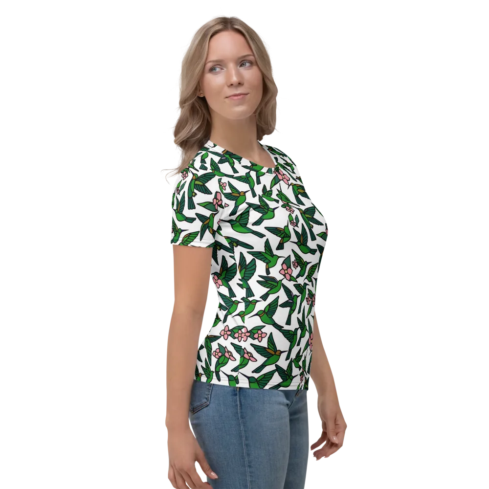 Emerald Hummingbird Garden on Women's Crew Neck T-Shirt — Right