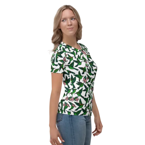 Emerald Hummingbird Garden on a Women's Crew Neck T-Shirt