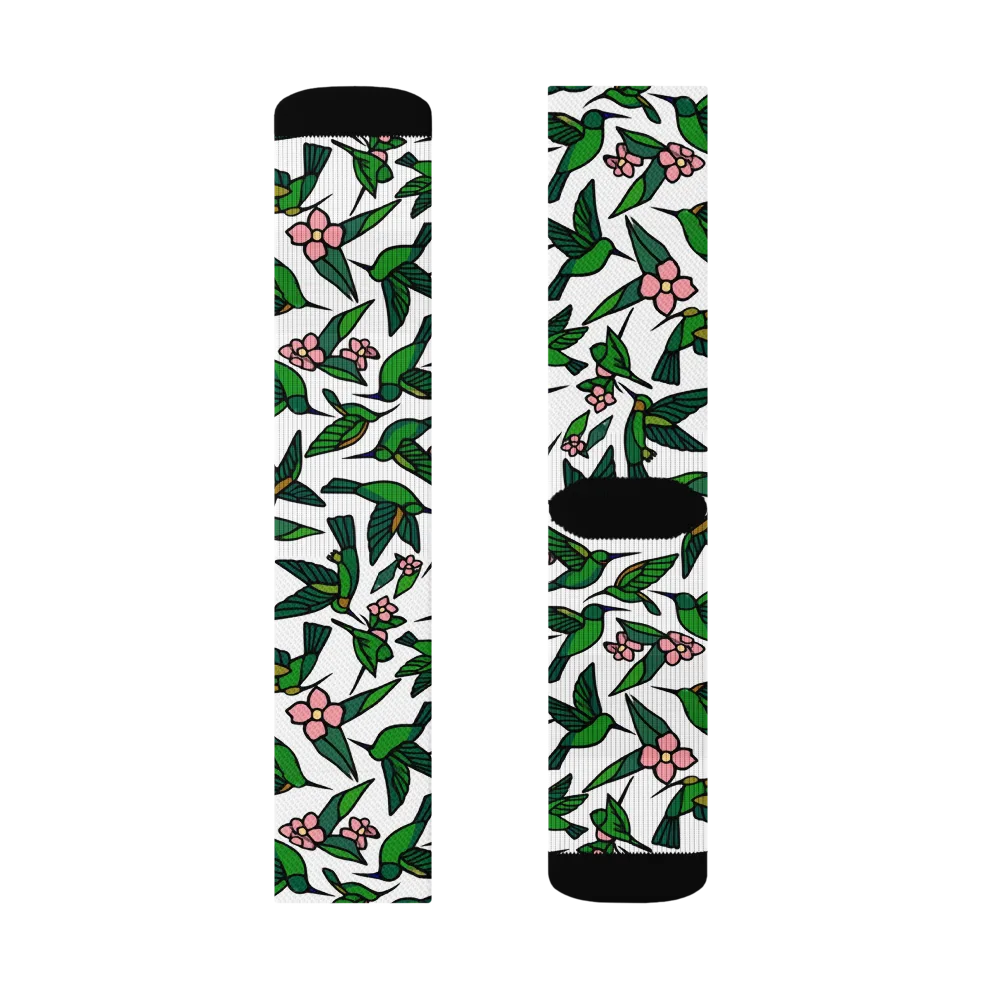 Emerald Hummingbird Garden on Socks — Right Sock