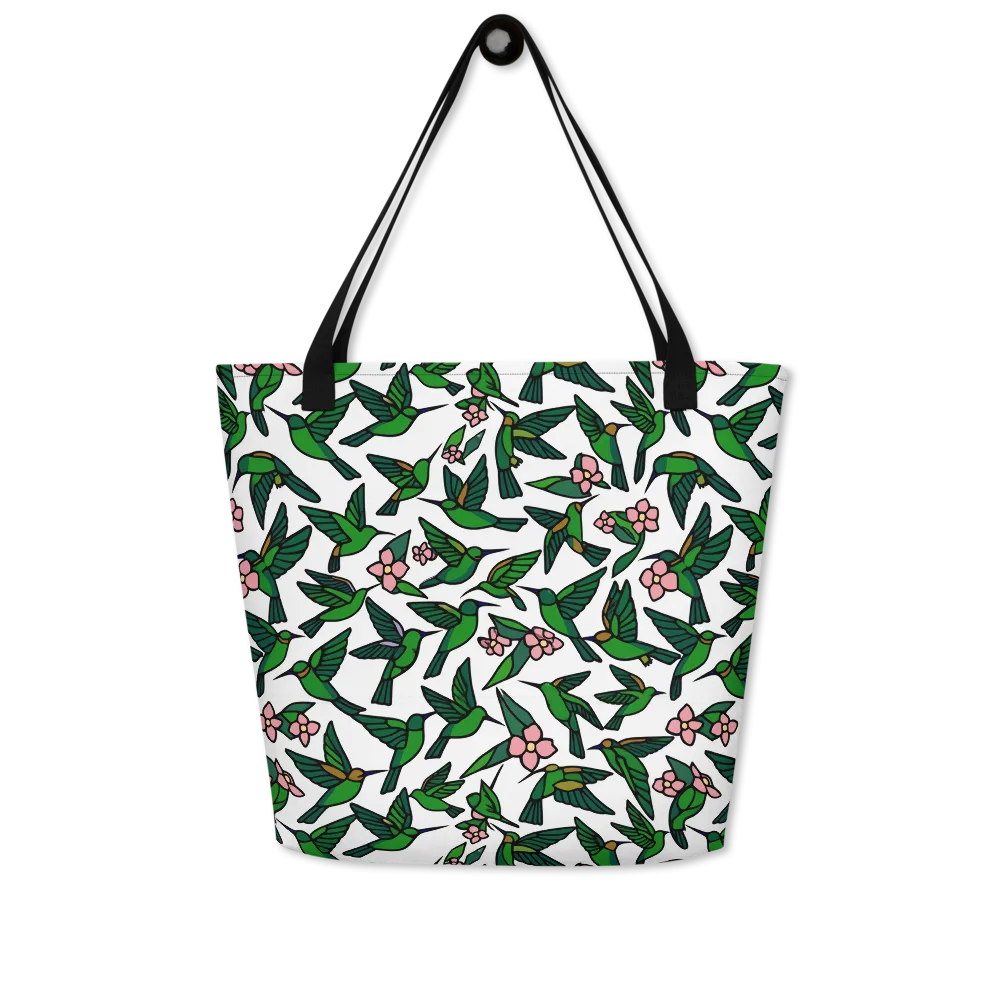 Emerald Hummingbird Garden on Large Tote Bag W/ Pocket — Front
